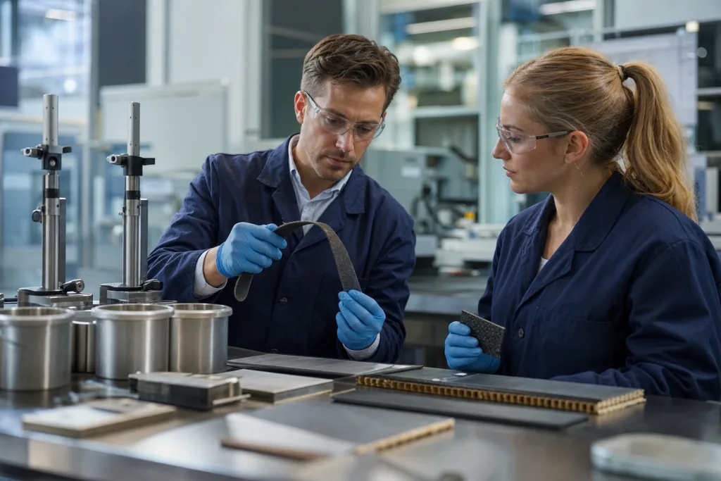 How to Read a Rubber Adhesive TDS for Peel, Flexibility, Oil Resistance, Cure, and Substrate Compatibility 5 A professional adhesive lab scene showing engineers comparing bonded rubber specimens and technical test samples.