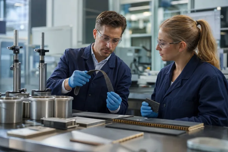 A professional adhesive lab scene showing engineers comparing bonded rubber specimens and technical test samples.