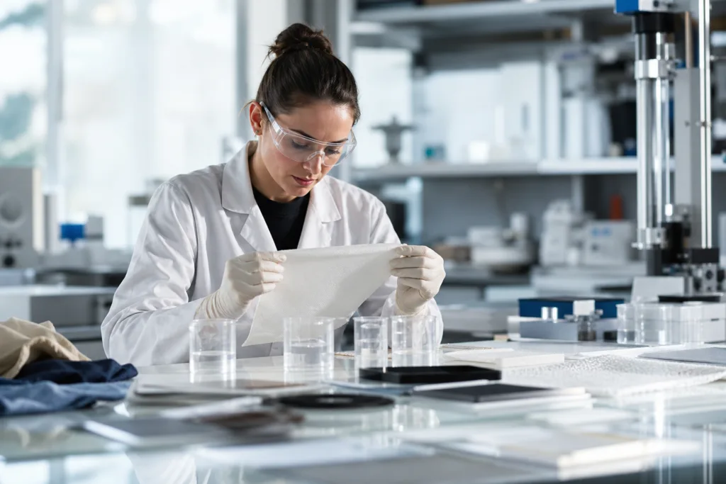 Adhesives for Stretch Fabrics: How to Preserve Elasticity, Recovery, and Comfort After Bonding 5 A technical laboratory scene showing adhesive sample development for stretch fabrics, focused on flexibility, recovery, and textile bonding evaluation.