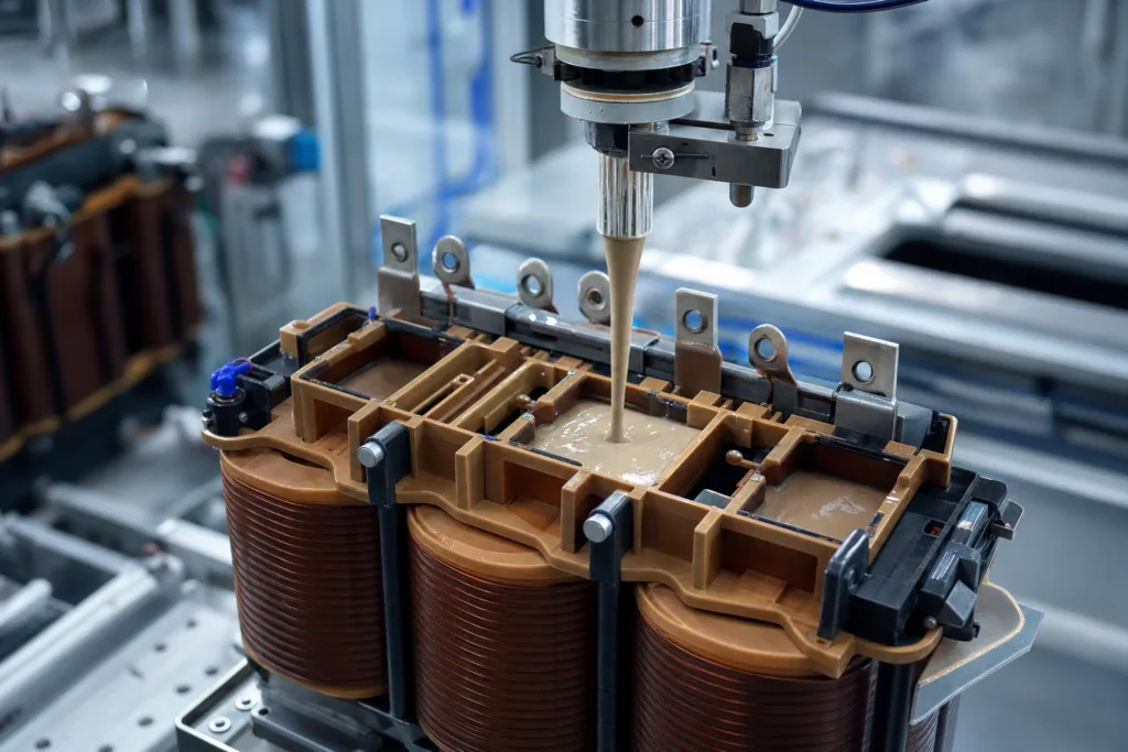 How to Choose Potting Adhesives for Transformers, Coils, and Wound Electrical Components 2 transformer coil potting dispensing process