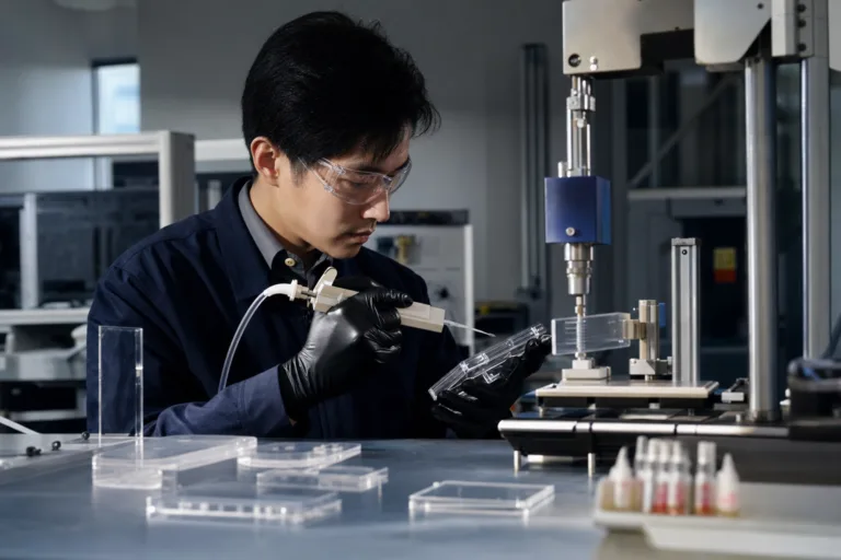 A formulation lab scene showing how acrylic adhesives are screened for stress cracking risk on plastic parts.