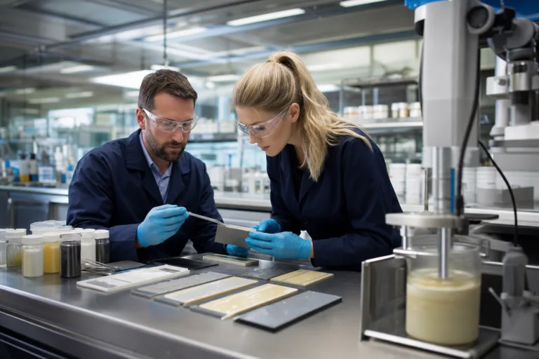 A professional adhesive lab scene showing formulation evaluation for wet-service bonding requirements.