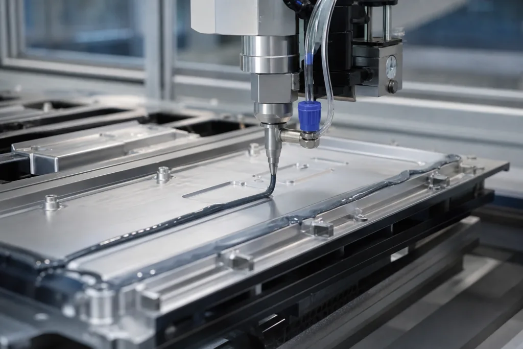Battery Adhesive Dispensing for Stable EV Battery Production 2 automated battery dispensing line