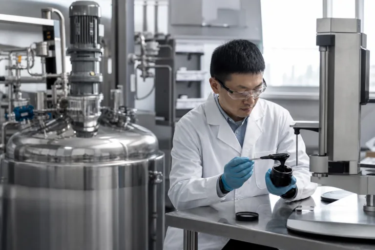 A realistic laboratory scene showing adhesive formulation work that supports stable battery adhesive dispensing.