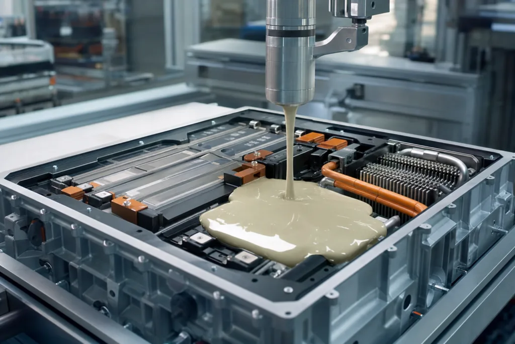 Battery Adhesive Dispensing for Stable EV Battery Production 3 battery module potting protection