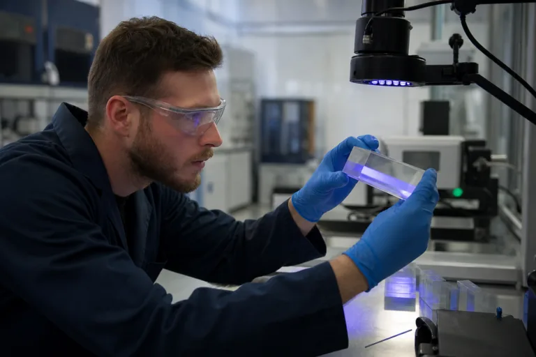 A technician evaluates transparent bonded parts and cure quality in a professional adhesive development lab.