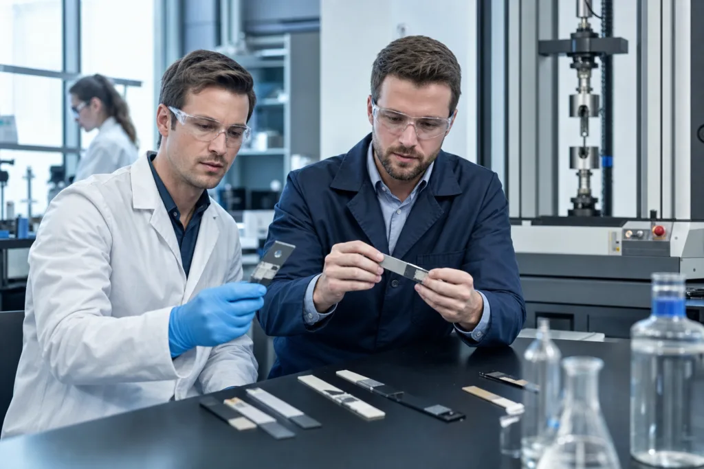 What Test Data Should Buyers Review Before Approving a Waterproofing Adhesive? 5 A professional laboratory scene showing technical evaluation of bonded samples after moisture exposure.