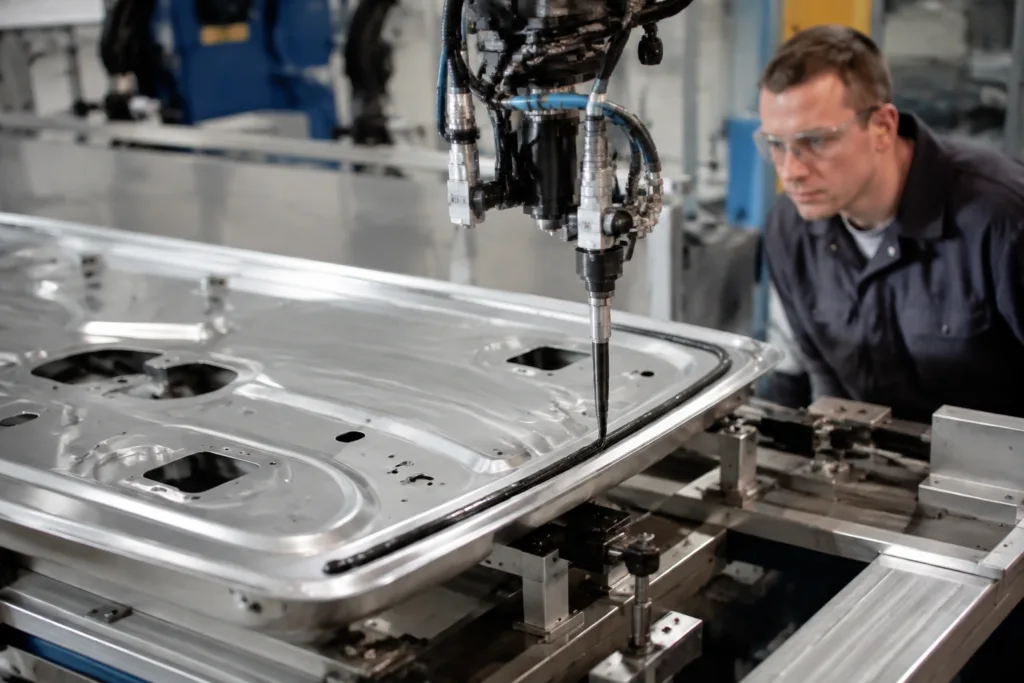 adhesive dispensing aluminum body panel