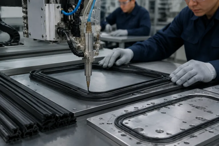Controlled adhesive dispensing onto rubber gasket profiles and metal carriers