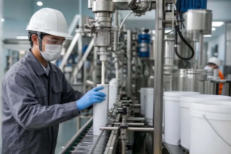 Workers filling industrial adhesive cartridges in a clean manufacturing area
