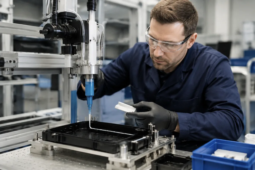 Ceramic to Plastic Adhesive Selection for Mixed-Material Assemblies 2 dispensing adhesive ceramic insert plastic housing