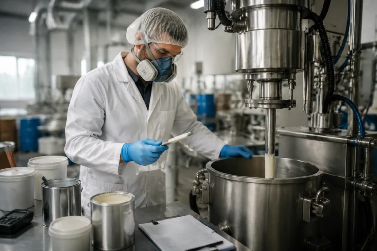 Technician monitoring adhesive mixing in a chemical production area