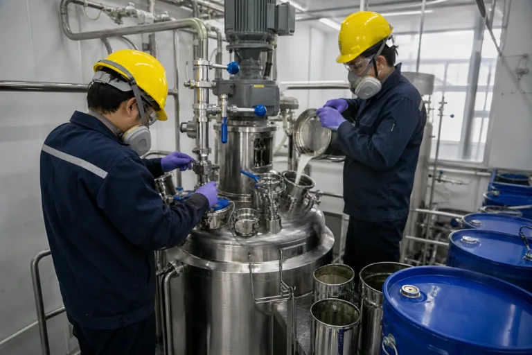 Technicians overseeing a laminating adhesive mixing process in an industrial production area