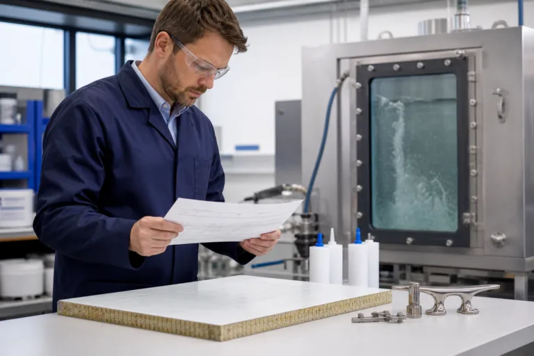 Engineer reviewing marine adhesive technical data sheets beside sample cartridges and fiberglass parts