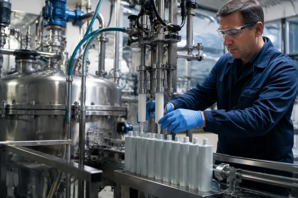 Two component structural adhesive being mixed and filled in a professional industrial production setting