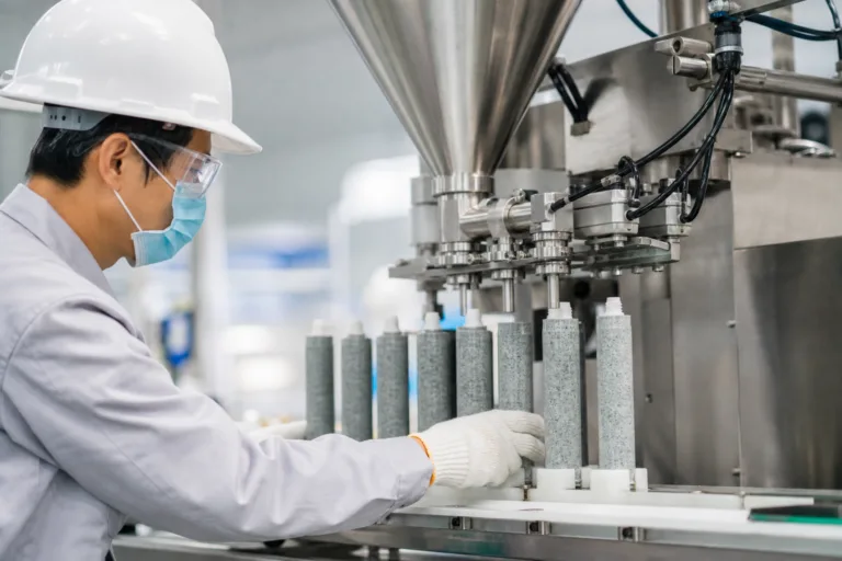 Industrial operator filling adhesive cartridges on a manufacturing line