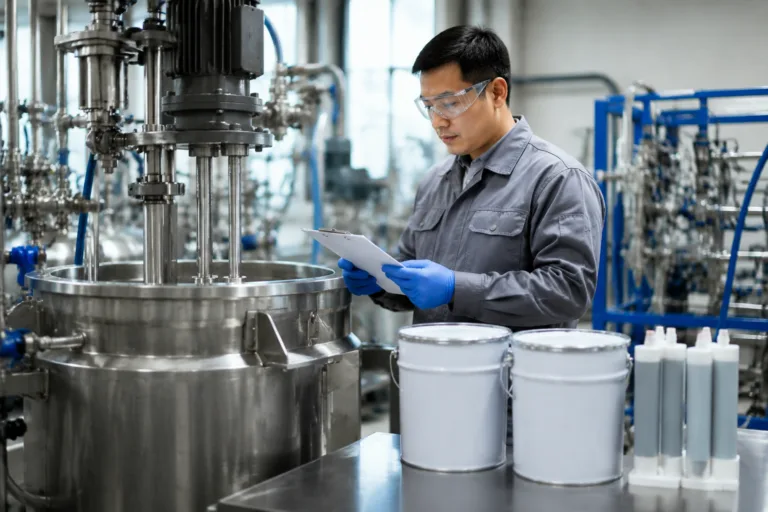 Technician preparing structural adhesive in a clean industrial production area for automotive aluminum bonding