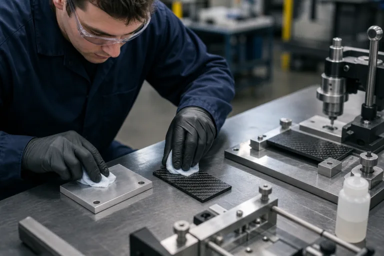 Technician preparing a carbon fiber coupon and aluminum plate for bonding