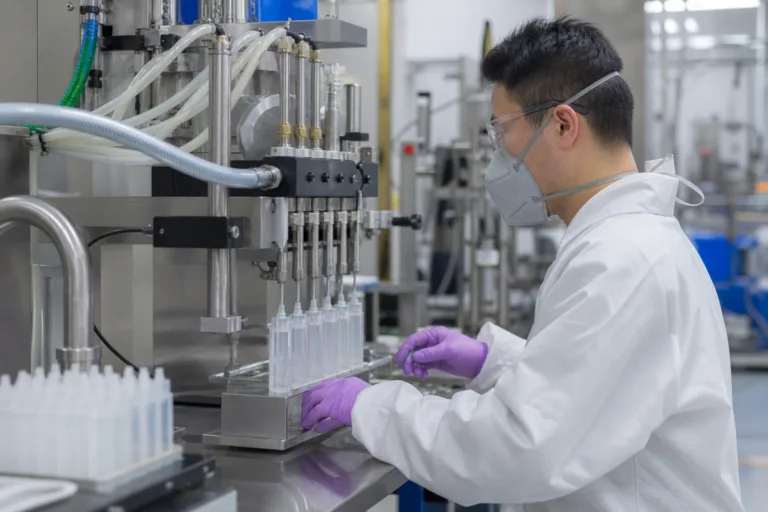 Technician overseeing clear UV adhesive filling into cartridges in an industrial production area