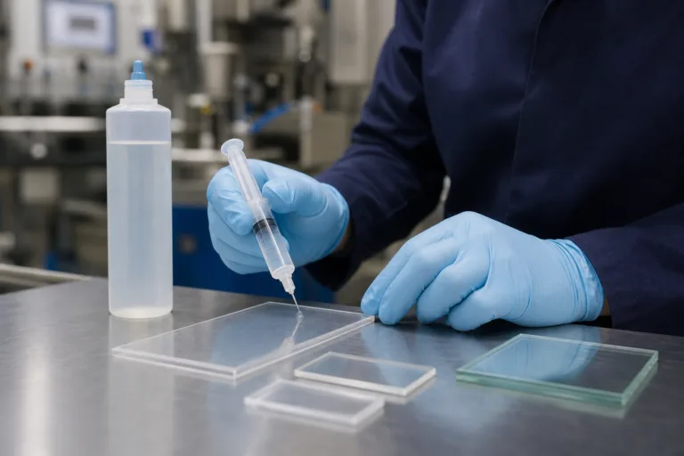 Gloved technician preparing clear adhesive and sample coupons for plastic and glass bonding.